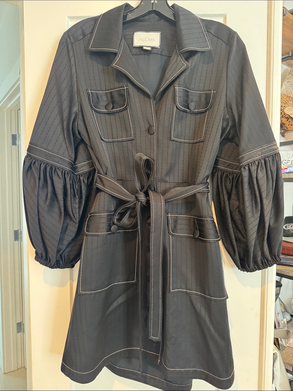 ALEXIS Black Pinstripe Belted Puff-Sleeve Dress